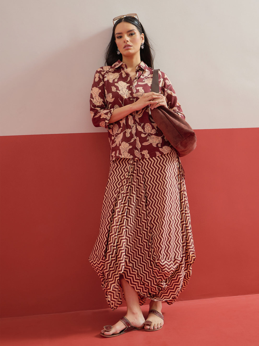 Women Brown Floral Button Down Top With Dhoti Skirt