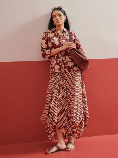 Women Brown Floral Button Down Top With Dhoti Skirt