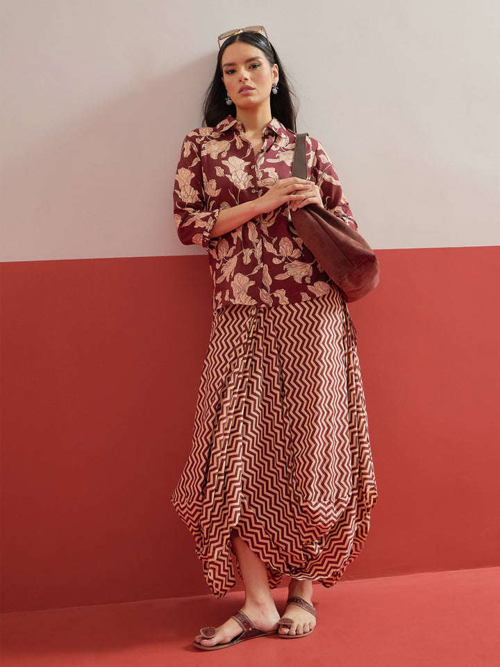 Women Brown Floral Button Down Top With Dhoti Skirt