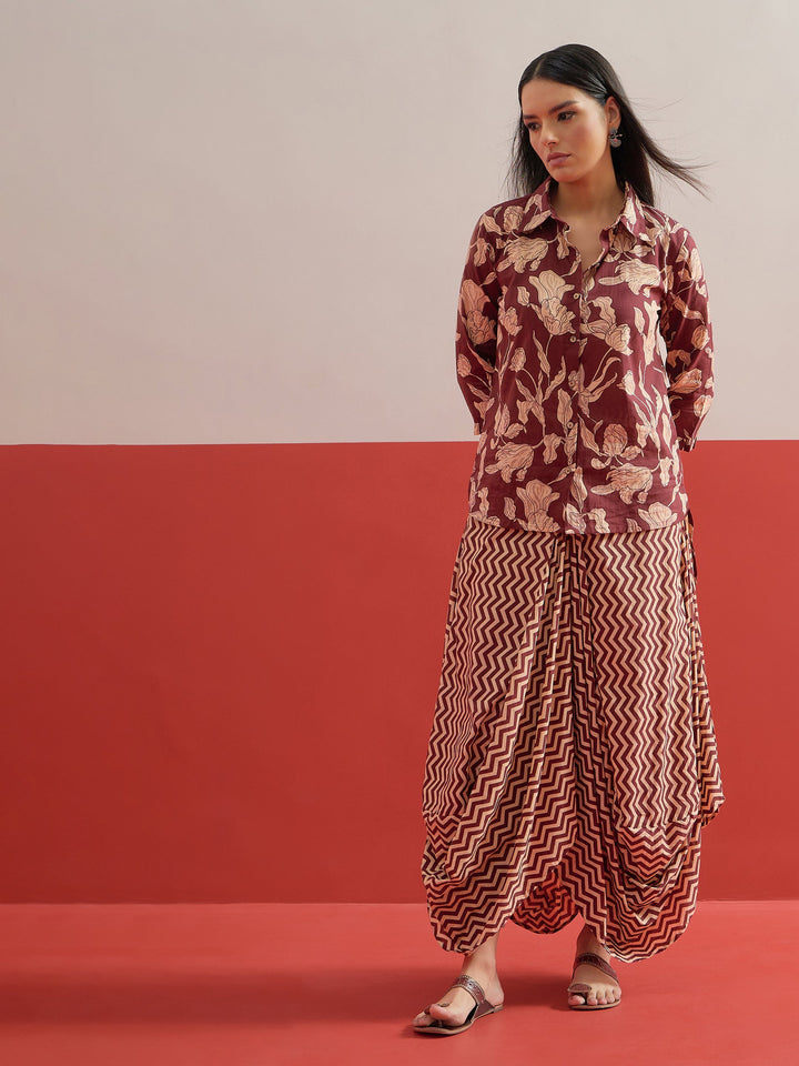 Women Brown Floral Button Down Top With Dhoti Skirt
