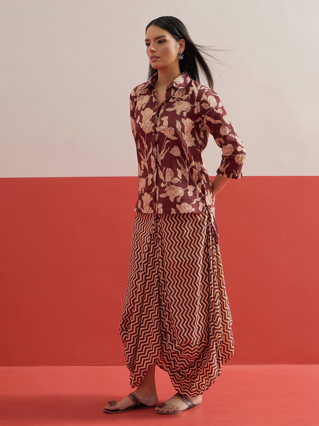 Women Brown Floral Button Down Top With Dhoti Skirt