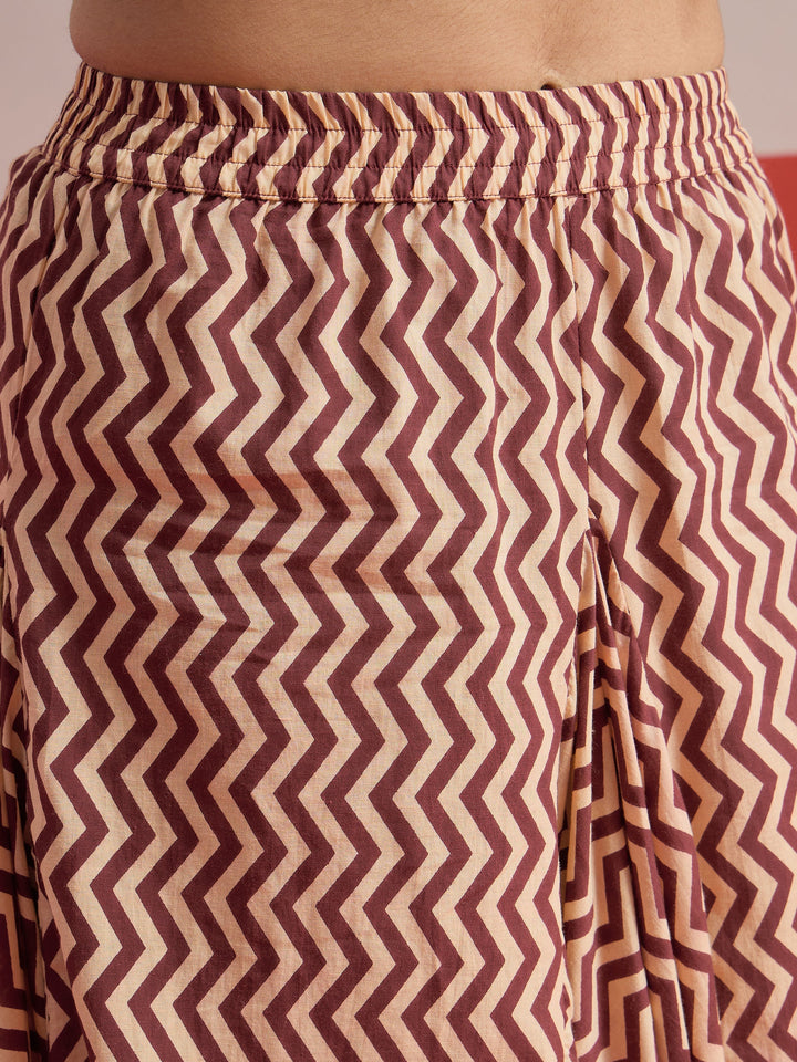 Women Brown Floral Button Down Top With Dhoti Skirt