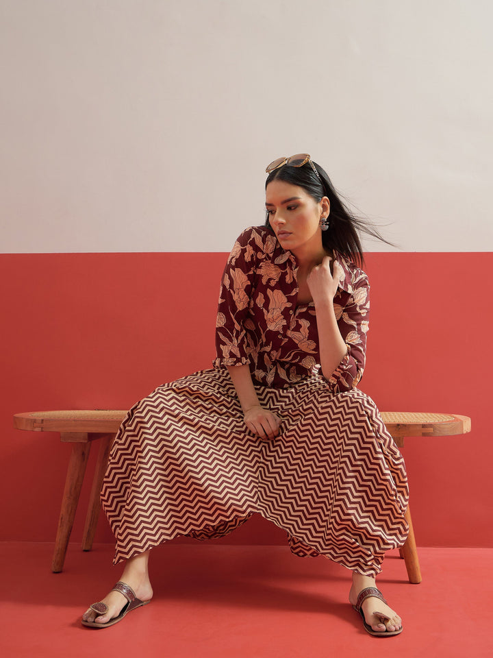 Women Brown Floral Button Down Top With Dhoti Skirt