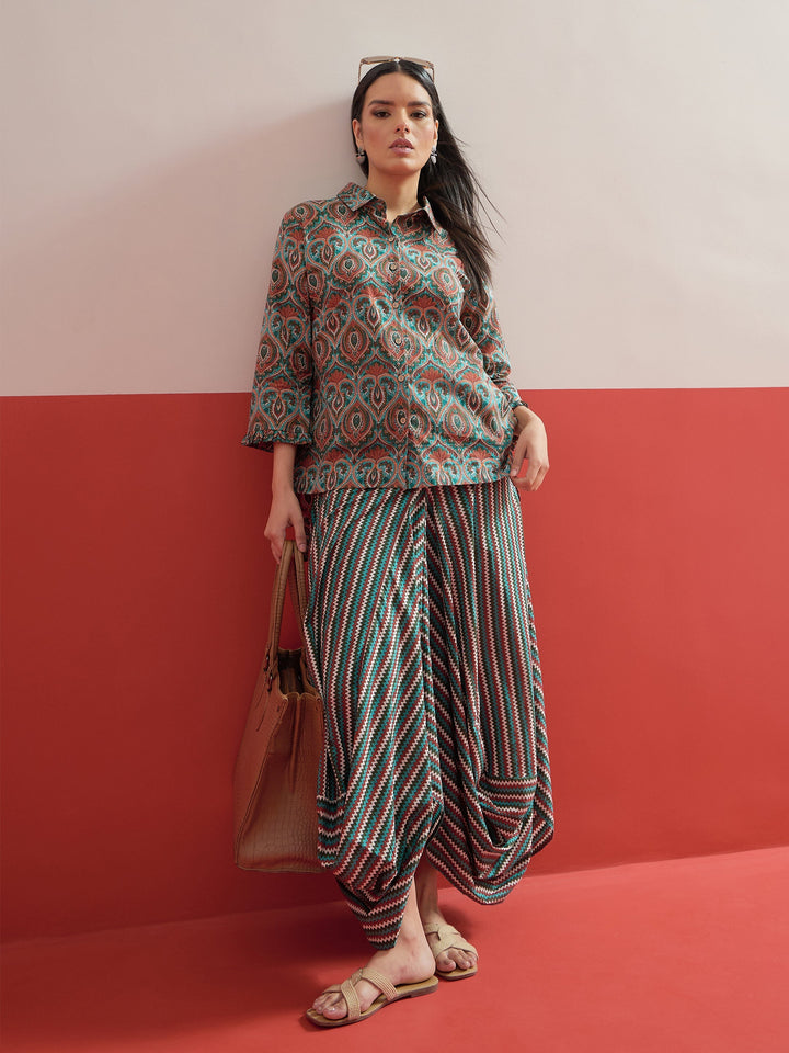 Women Green Floral Button Down Top With Dhoti Skirt