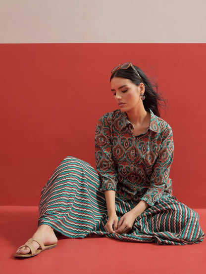 Women Green Floral Button Down Top With Dhoti Skirt