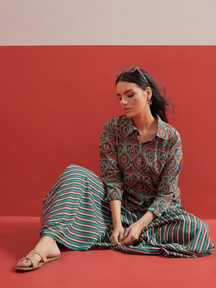 Women Green Floral Button Down Top With Dhoti Skirt
