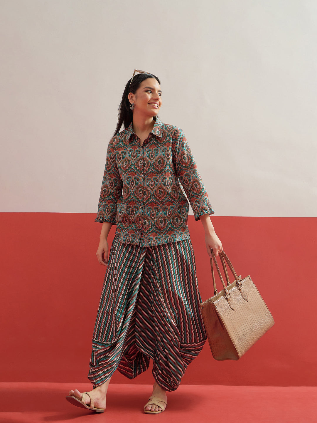 Women Green Floral Button Down Top With Dhoti Skirt
