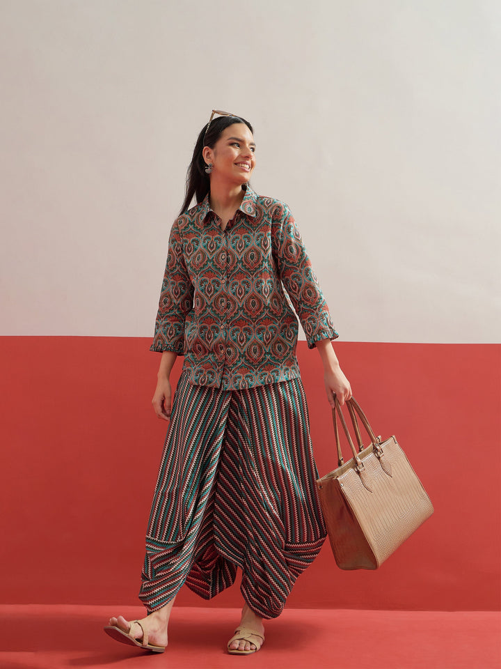 Women Green Floral Button Down Top With Dhoti Skirt