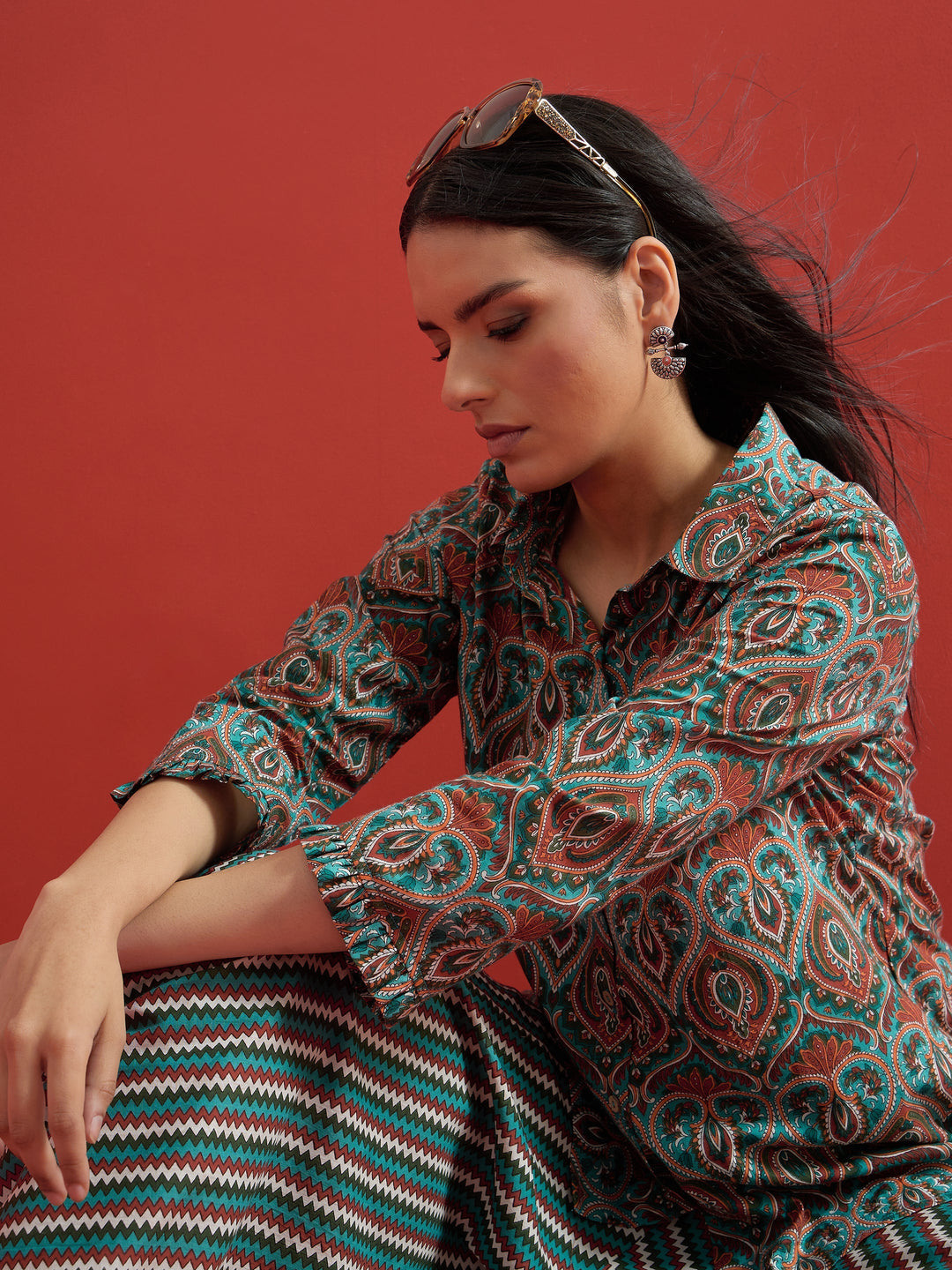 Women Green Floral Button Down Top With Dhoti Skirt
