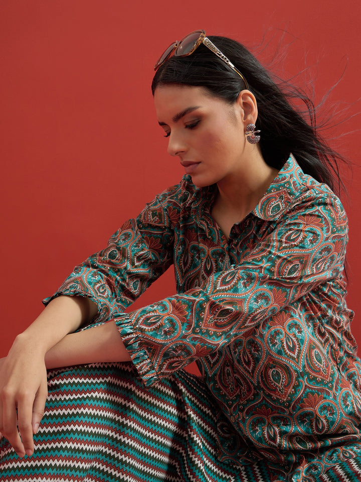 Women Green Floral Button Down Top With Dhoti Skirt