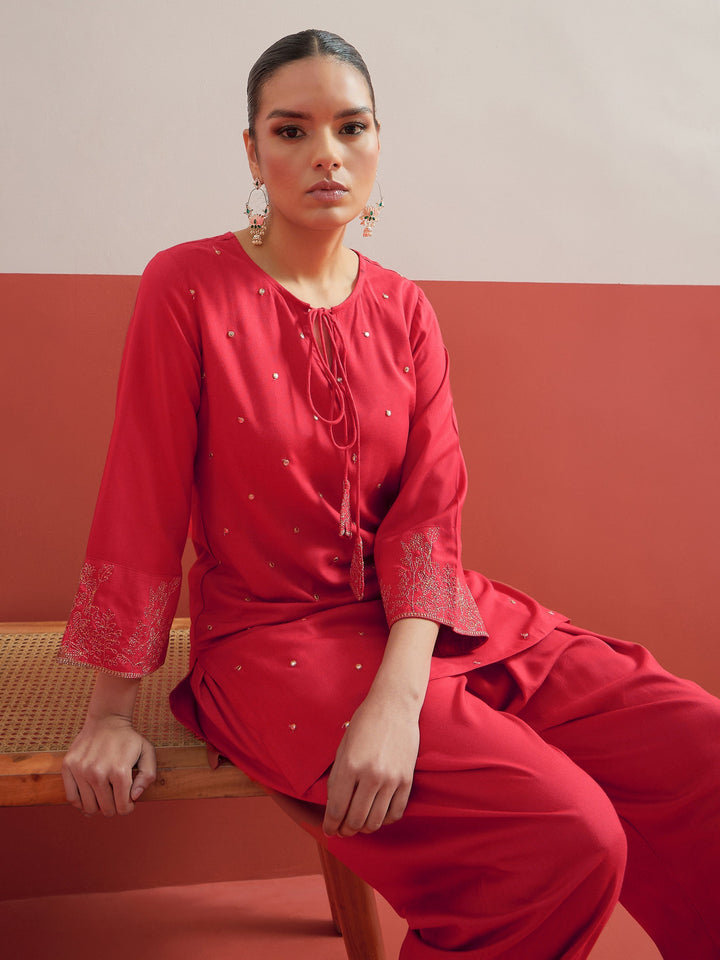 Women Red All Over Embroidered Short Kurti With Pharsi Salwar