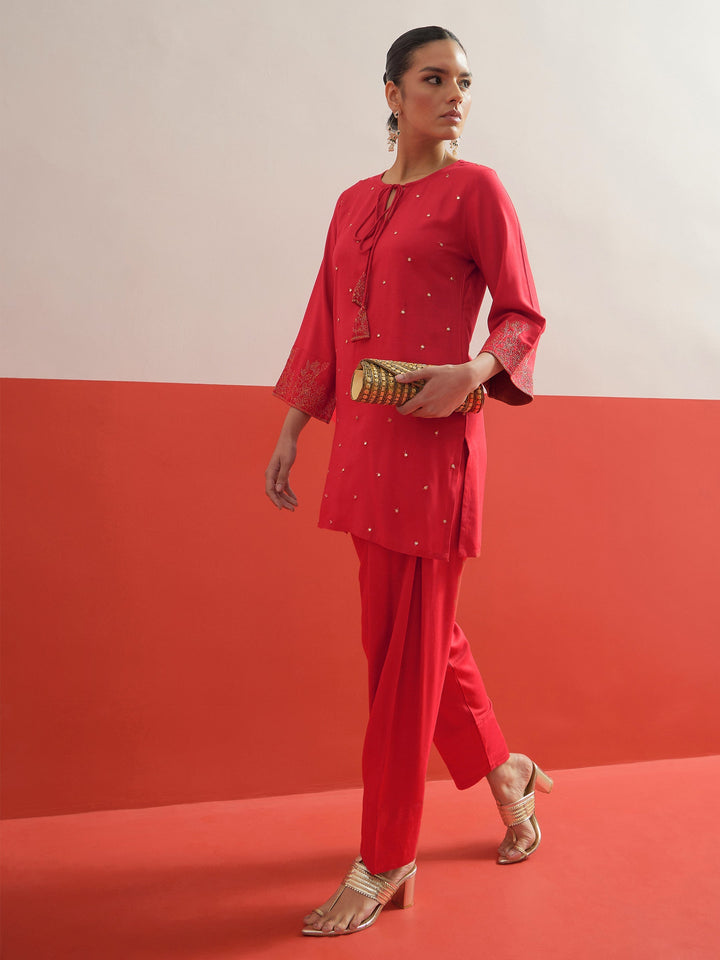 Women Red All Over Embroidered Short Kurti With Pharsi Salwar