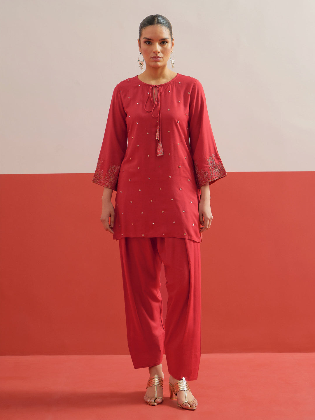 Women Red All Over Embroidered Short Kurti With Pharsi Salwar