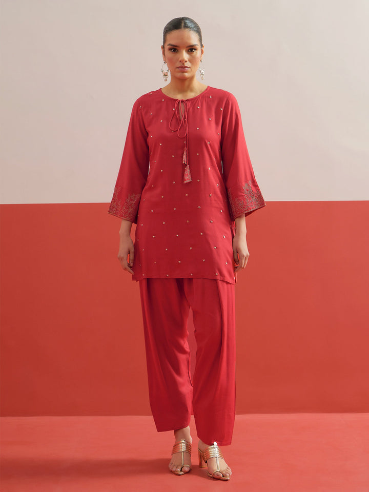 Women Red All Over Embroidered Short Kurti With Pharsi Salwar