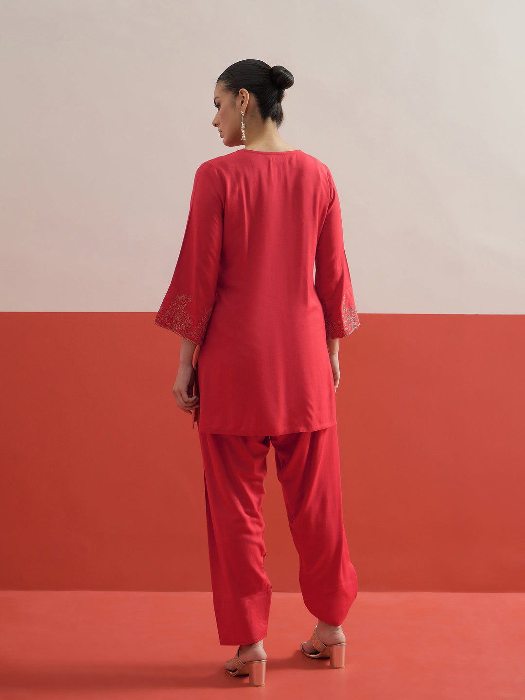 Women Red All Over Embroidered Short Kurti With Pharsi Salwar