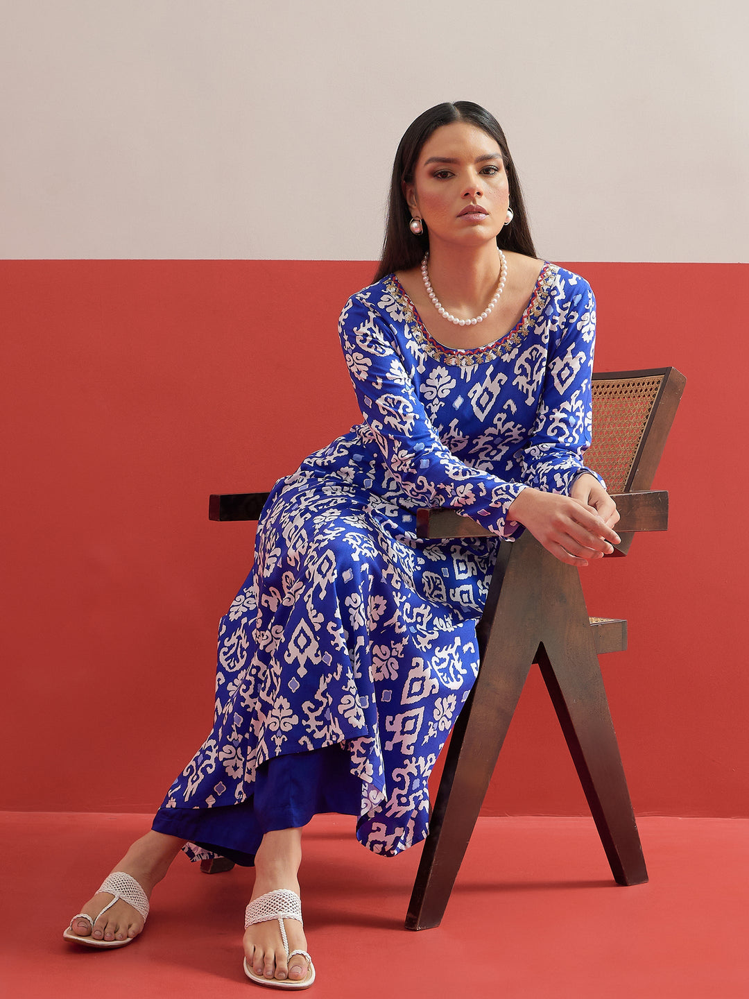 Women Blue Ikat Print Anarkali Kurta With Pencil Pants