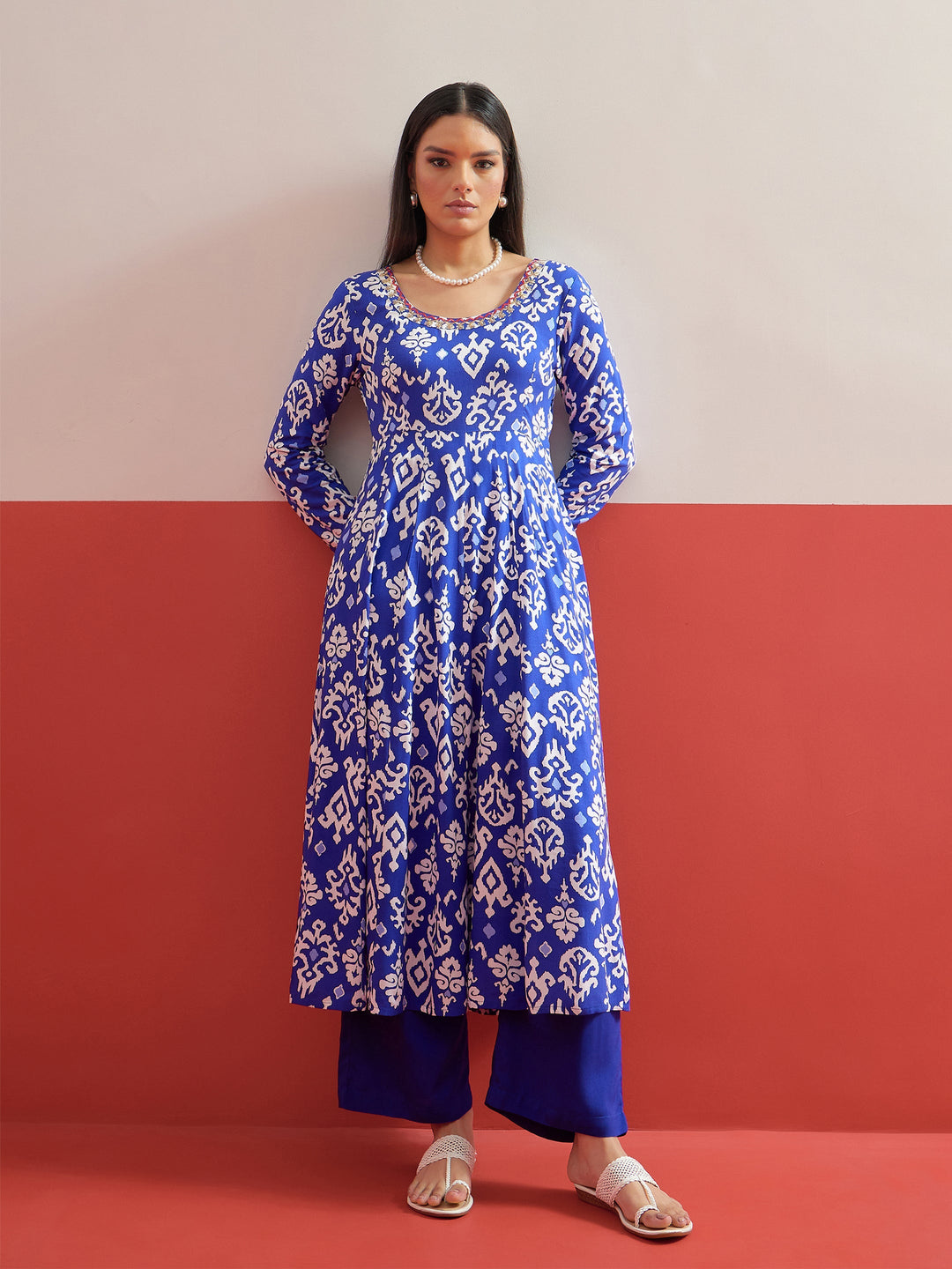 Women Blue Ikat Print Anarkali Kurta With Pencil Pants