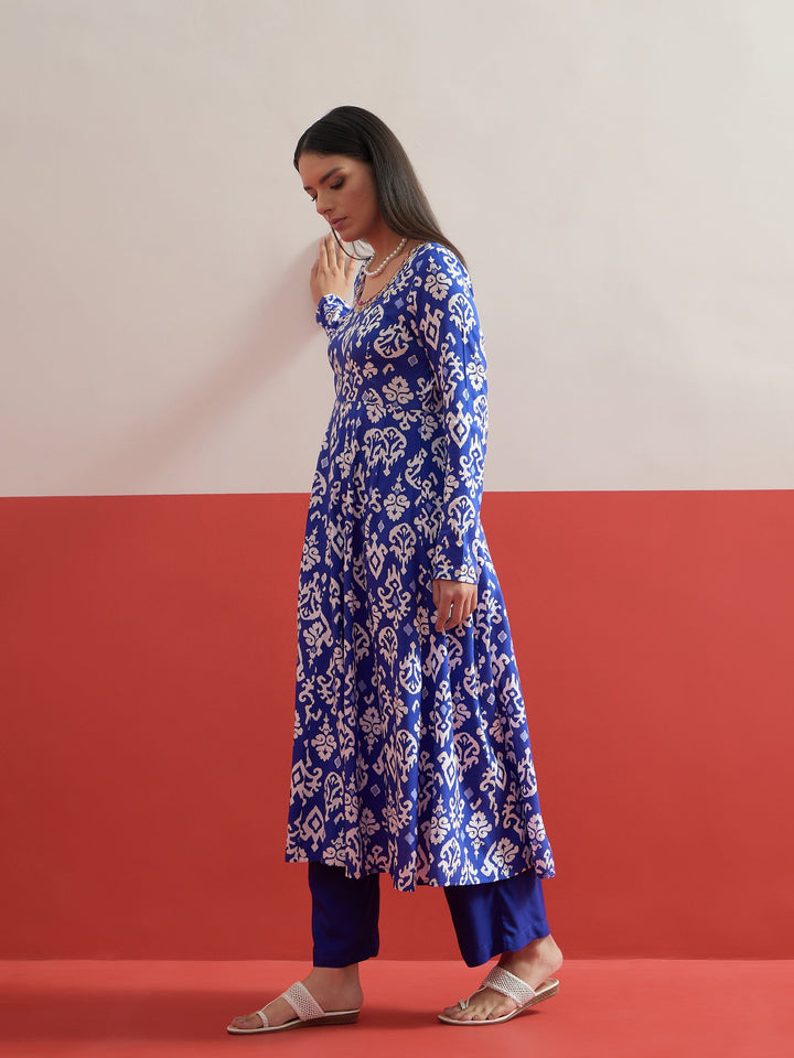 Women Blue Ikat Print Anarkali Kurta With Pencil Pants