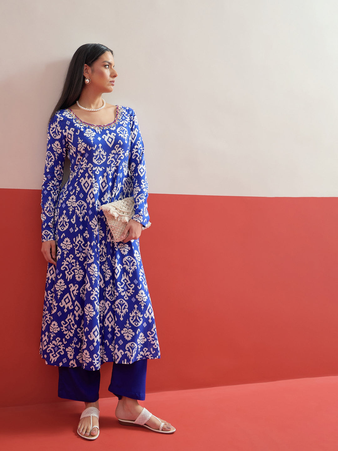 Women Blue Ikat Print Anarkali Kurta With Pencil Pants