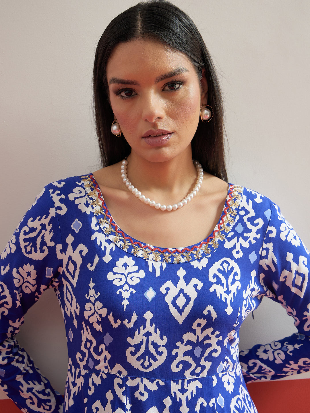 Women Blue Ikat Print Anarkali Kurta With Pencil Pants