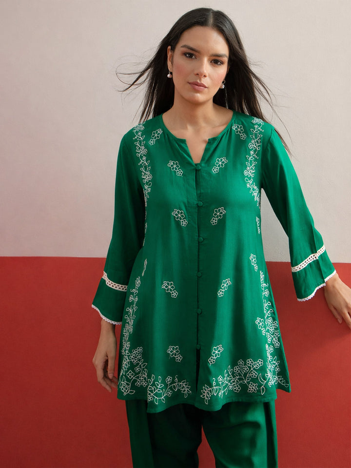 Women Green Embroidered Button Down Short Kurti With Pharsi Salwar