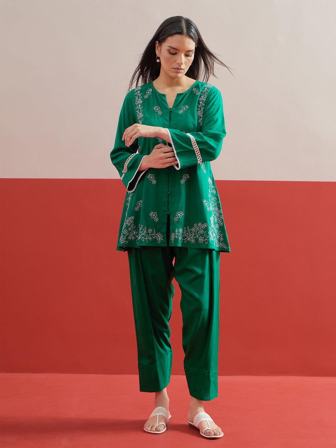 Women Green Embroidered Button Down Short Kurti With Pharsi Salwar