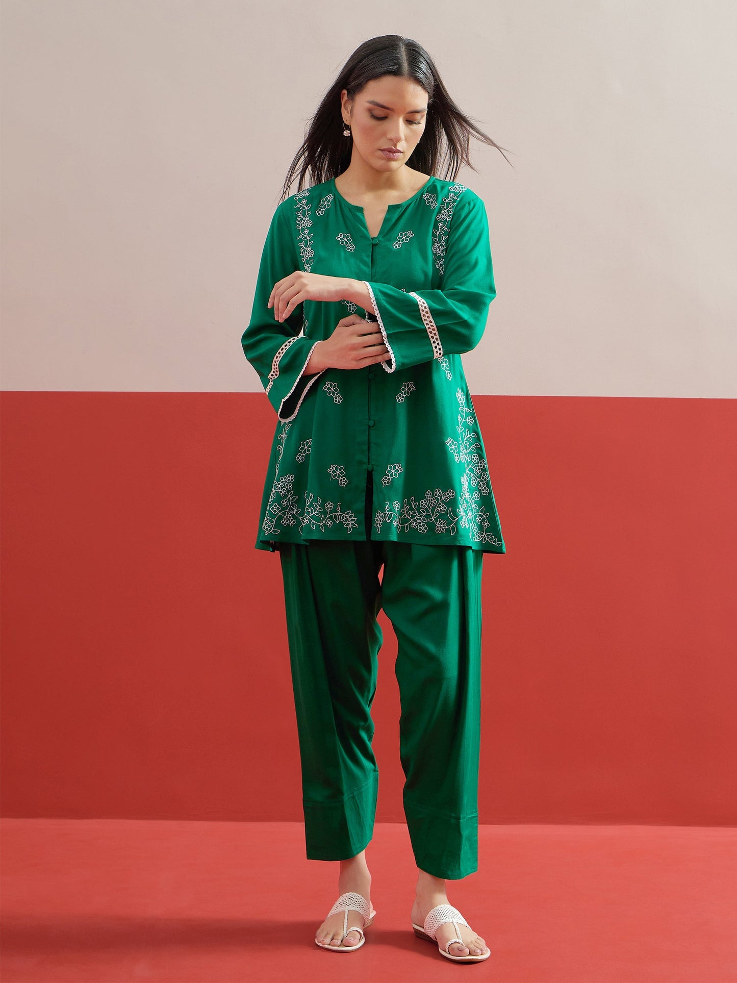 Women Green Embroidered Button Down Short Kurti With Pharsi Salwar