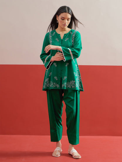 Women Green Embroidered Button Down Short Kurti With Pharsi Salwar