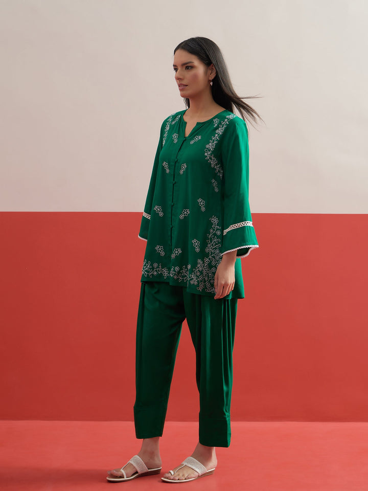 Women Green Embroidered Button Down Short Kurti With Pharsi Salwar