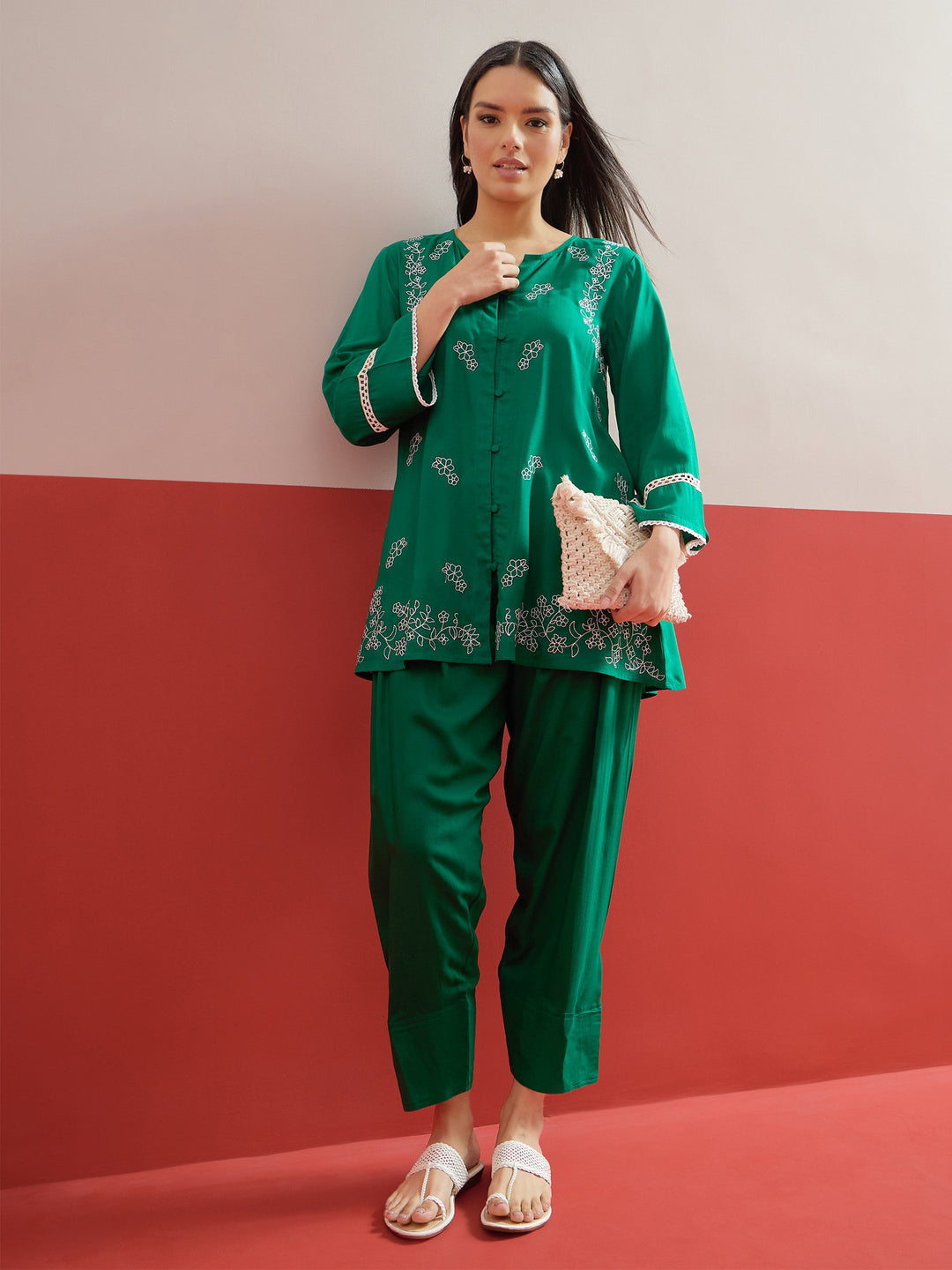 Women Green Embroidered Button Down Short Kurti With Pharsi Salwar
