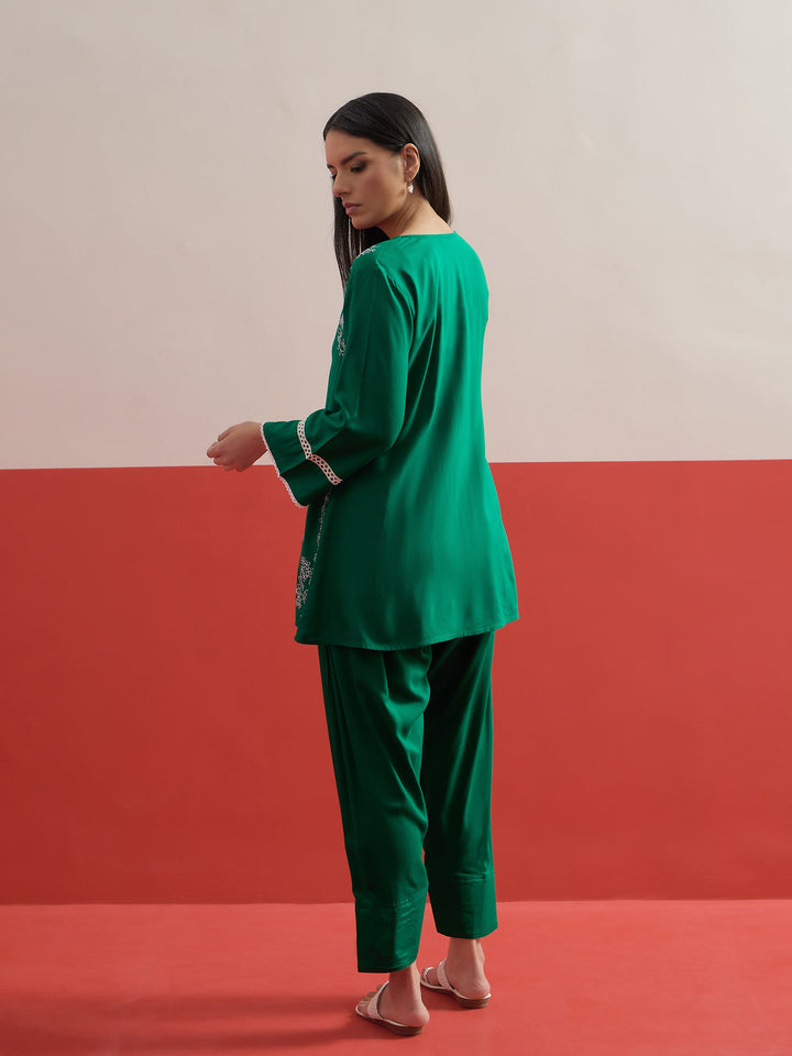 Women Green Embroidered Button Down Short Kurti With Pharsi Salwar