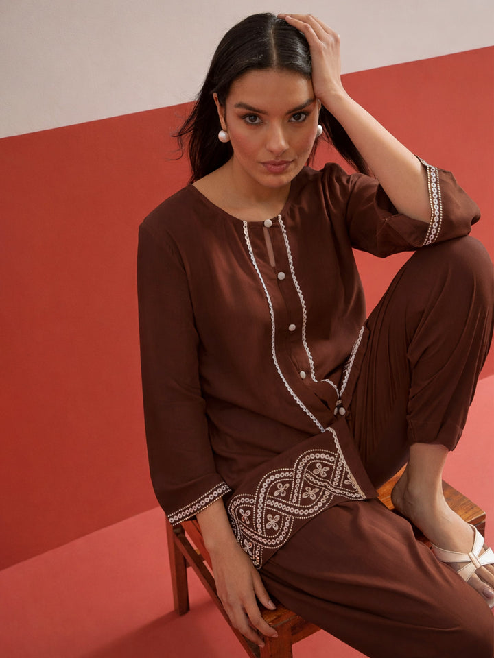 Women Brown Embroidered Button Down Short Kurti With Pharsi Salwar