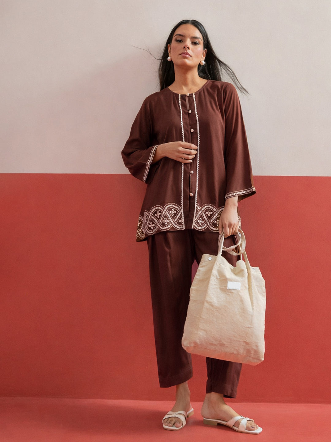 Women Brown Embroidered Button Down Short Kurti With Pharsi Salwar