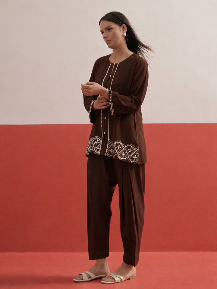 Women Brown Embroidered Button Down Short Kurti With Pharsi Salwar