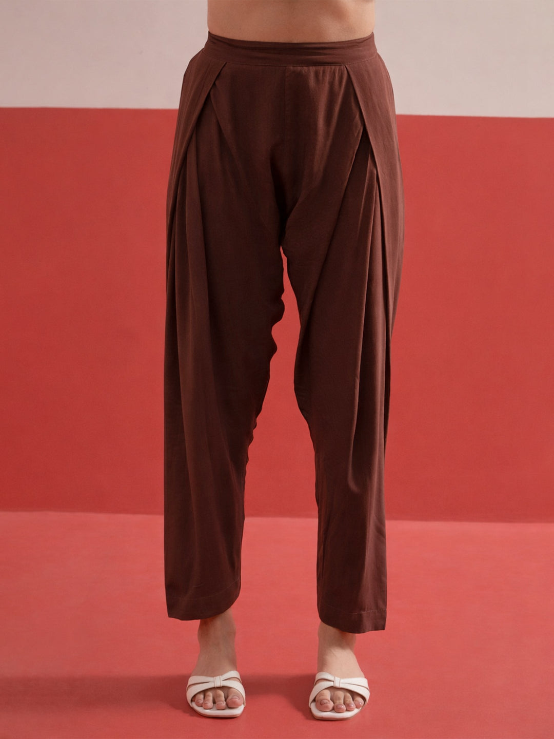 Women Brown Embroidered Button Down Short Kurti With Pharsi Salwar