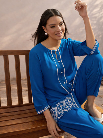 Women Cobalt Blue Embroidered Button Down Short Kurti With Pharsi Salwar