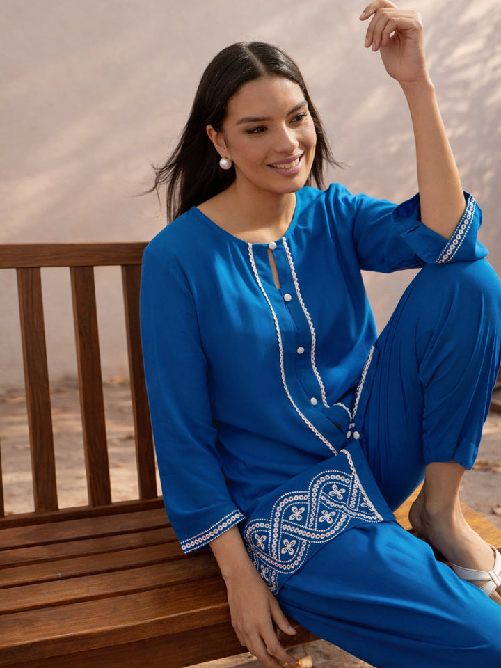 Women Cobalt Blue Embroidered Button Down Short Kurti With Pharsi Salwar