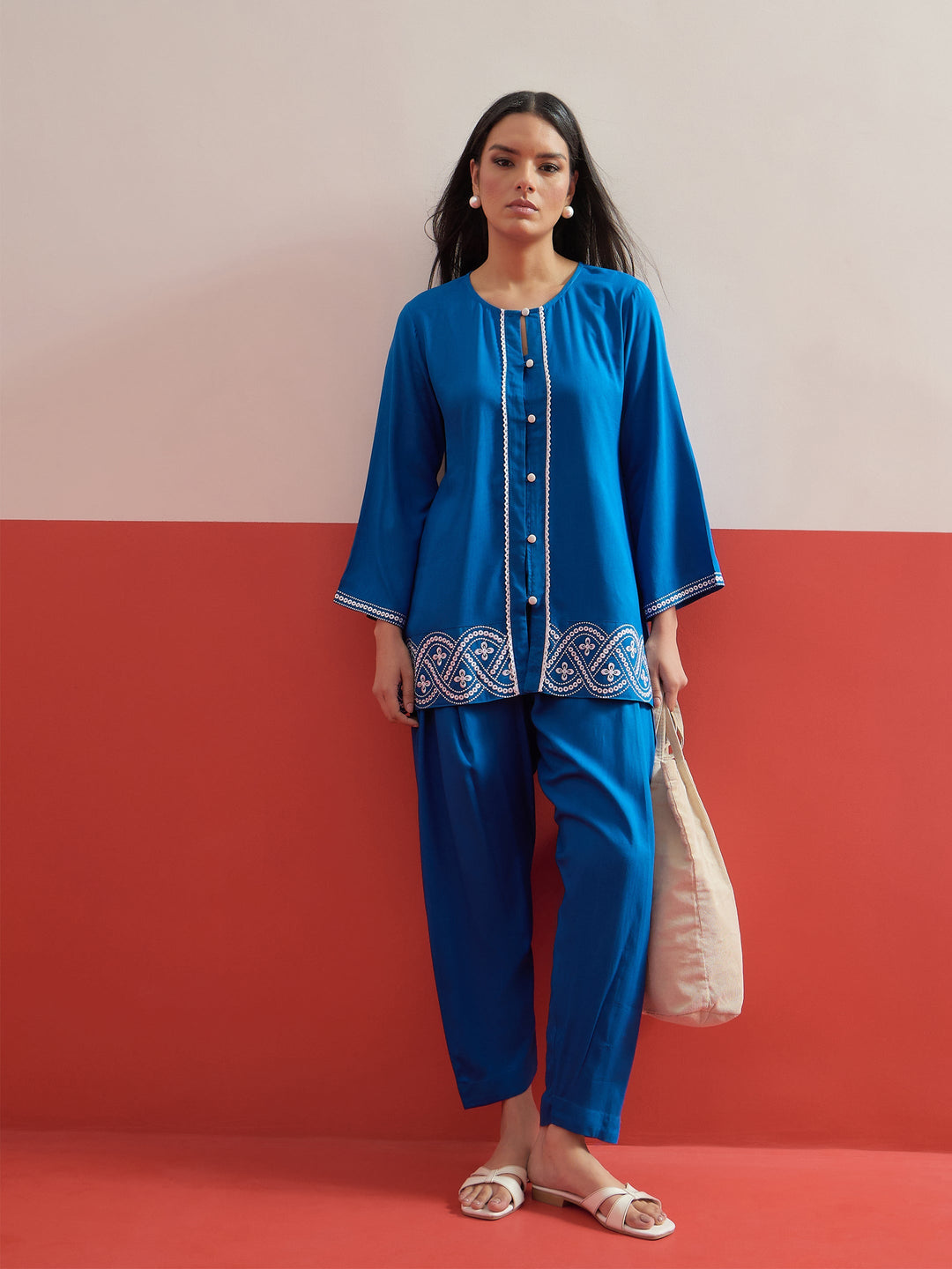 Women Cobalt Blue Embroidered Button Down Short Kurti With Pharsi Salwar
