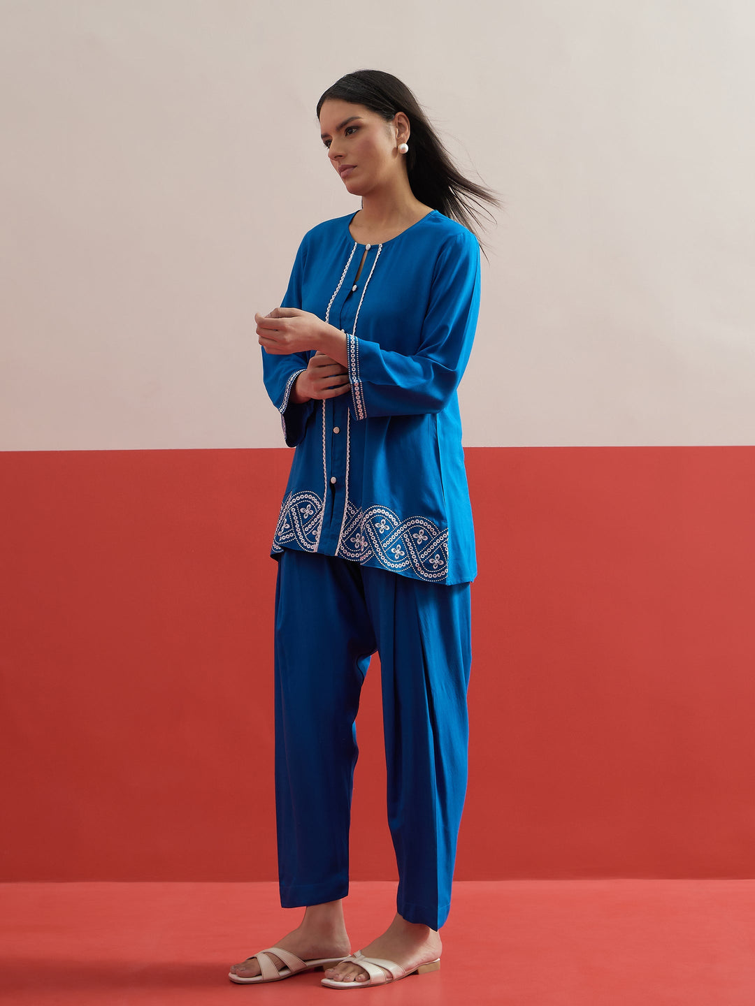 Women Cobalt Blue Embroidered Button Down Short Kurti With Pharsi Salwar