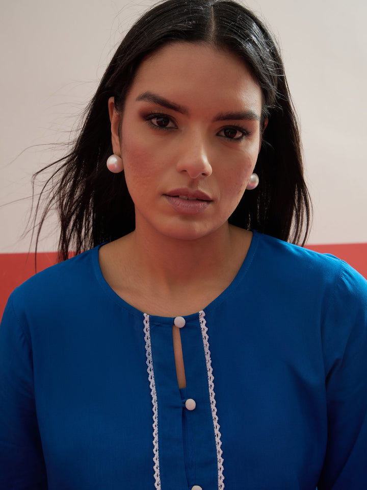 Women Cobalt Blue Embroidered Button Down Short Kurti With Pharsi Salwar