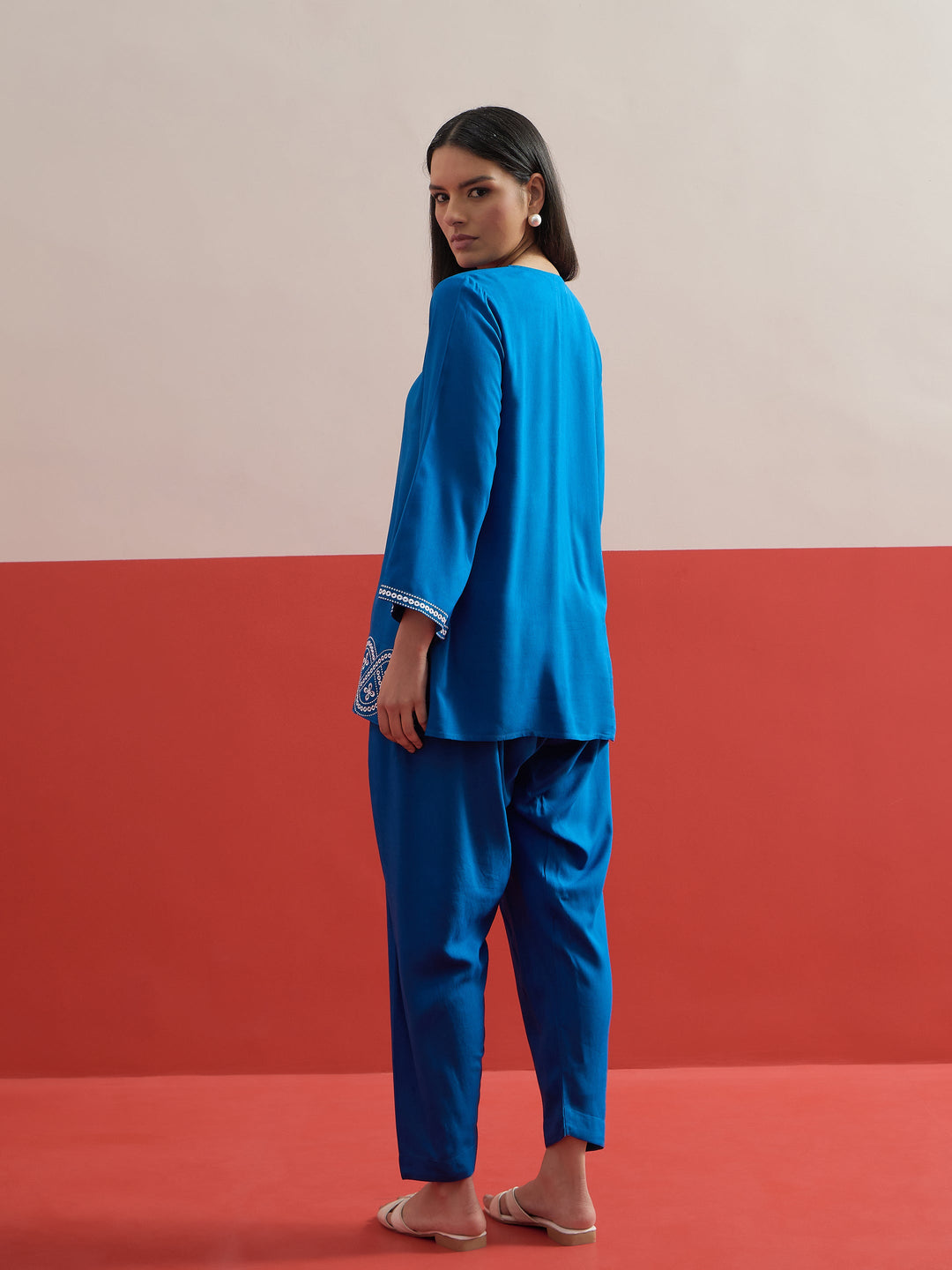 Women Cobalt Blue Embroidered Button Down Short Kurti With Pharsi Salwar