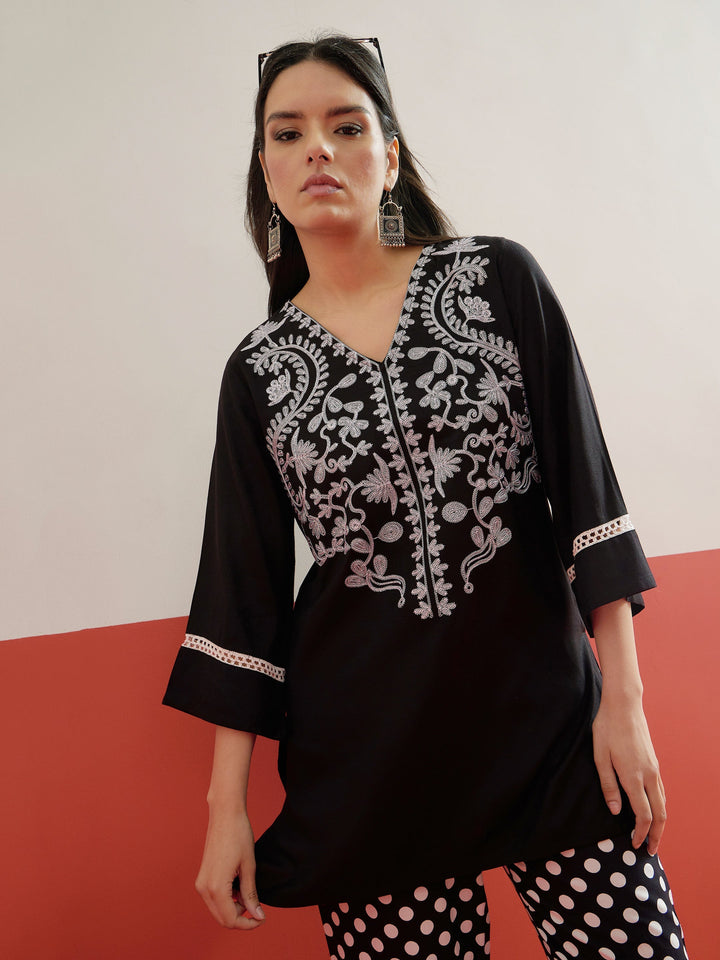 Women Black Embroidered Short Kurti With Polka Pants
