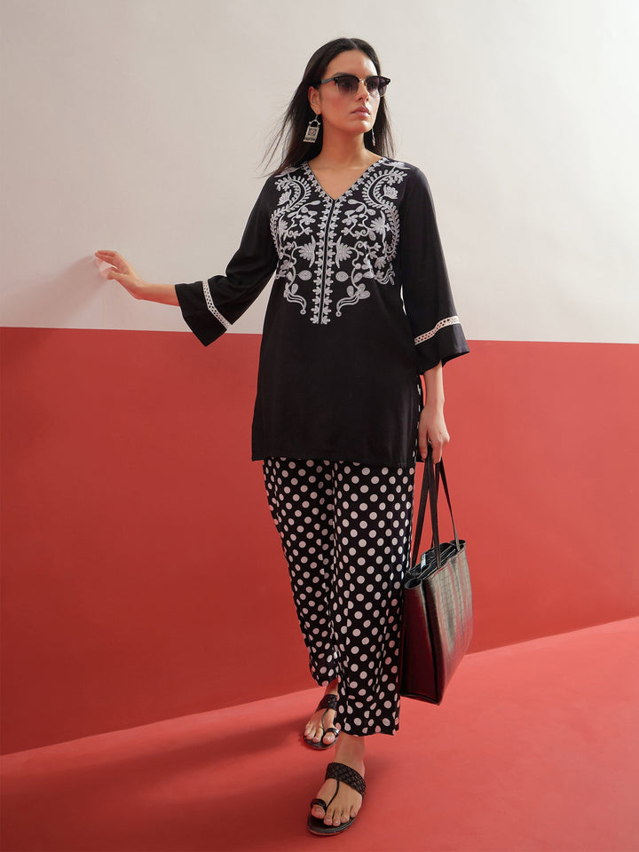 Women Black Embroidered Short Kurti With Polka Pants