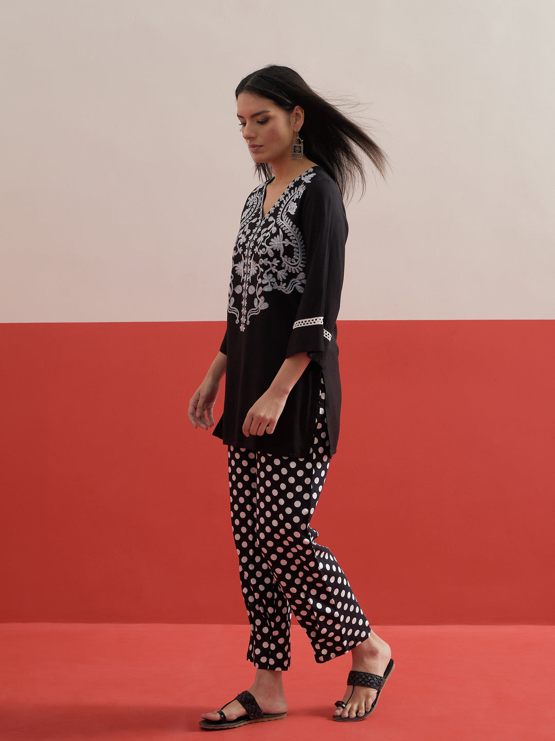 Women Black Embroidered Short Kurti With Polka Pants