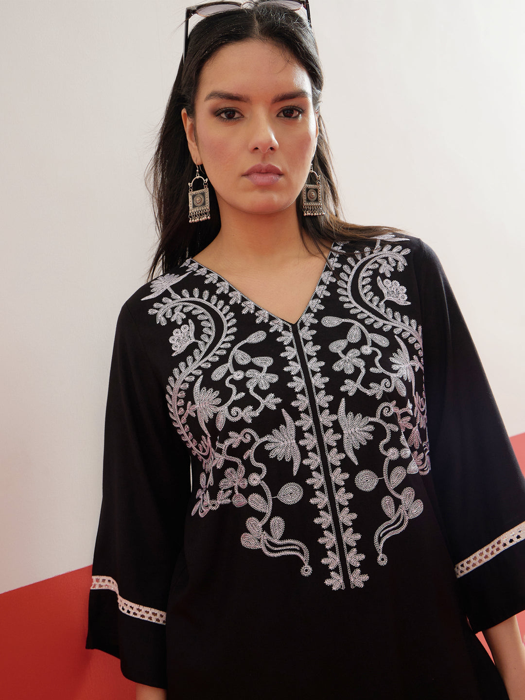 Women Black Embroidered Short Kurti With Polka Pants