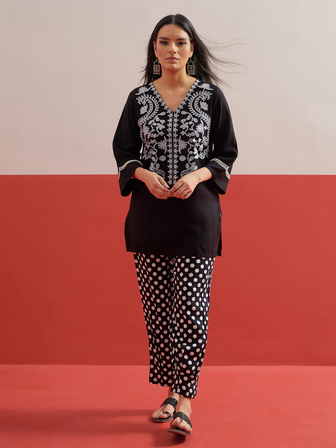 Women Black Embroidered Short Kurti With Polka Pants