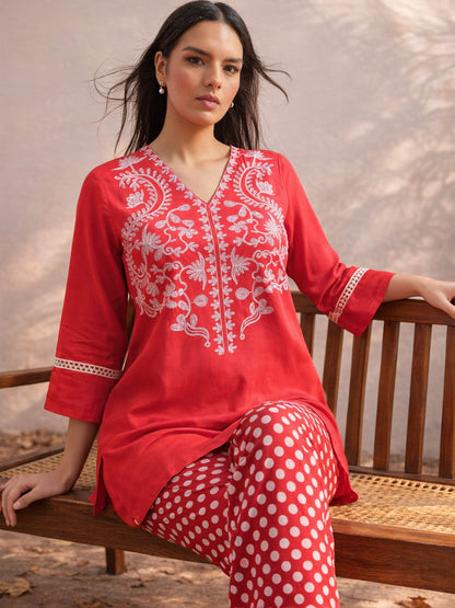 Women Red Embroidered Short Kurti With Polka Pants