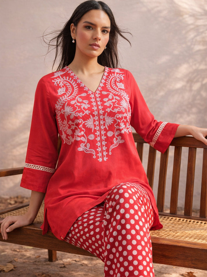 Women Red Embroidered Short Kurti With Polka Pants