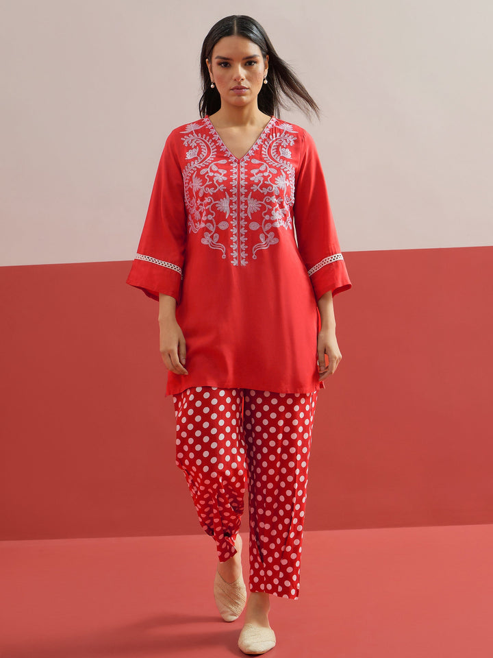 Women Red Embroidered Short Kurti With Polka Pants