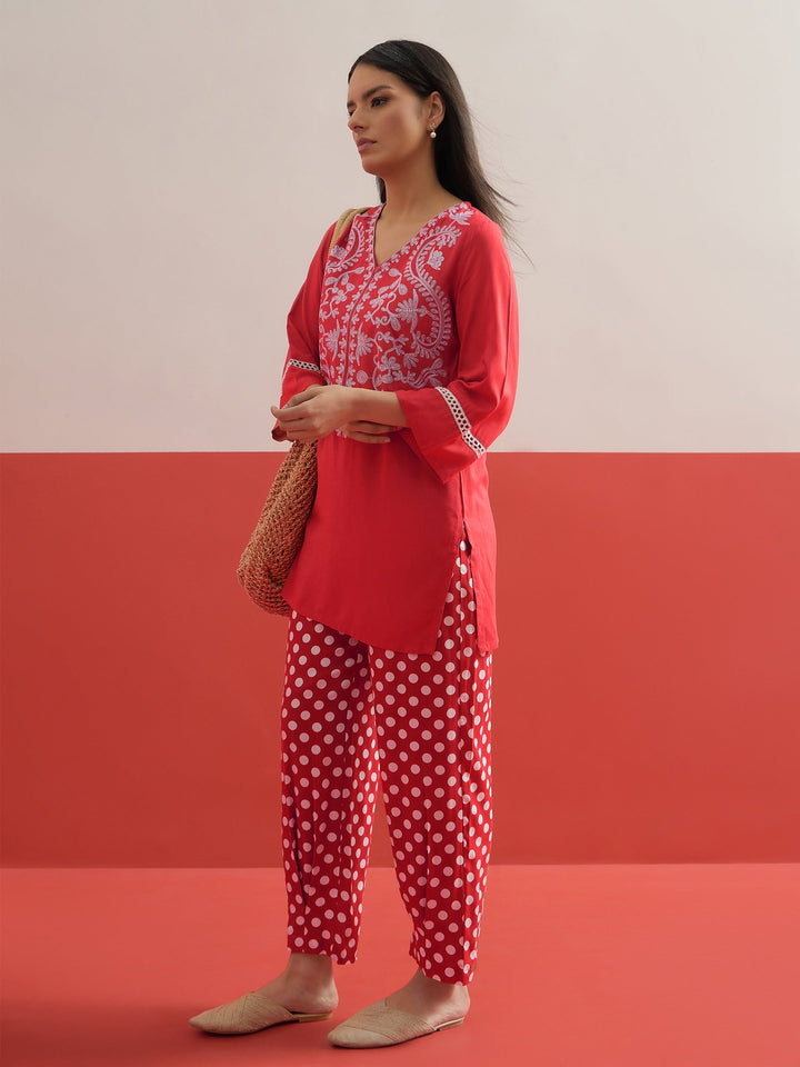 Women Red Embroidered Short Kurti With Polka Pants